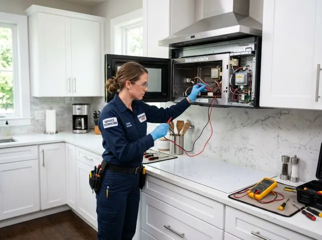 Appliance Repair Hero technician testing an over-the-range microwave in a Apollo Beach, FL kitchen